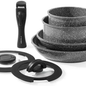 Batterie de cuisine induction Gris : 7 pièces avec poignées amovibles et revêtement antiadhésif en céramique | Idéal pou