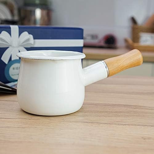 41k1yr62gal. ac .jpg Casserole à lait anti-adhésive en émail Blanc facile à nettoyer avec poignée en bois pour thé et café