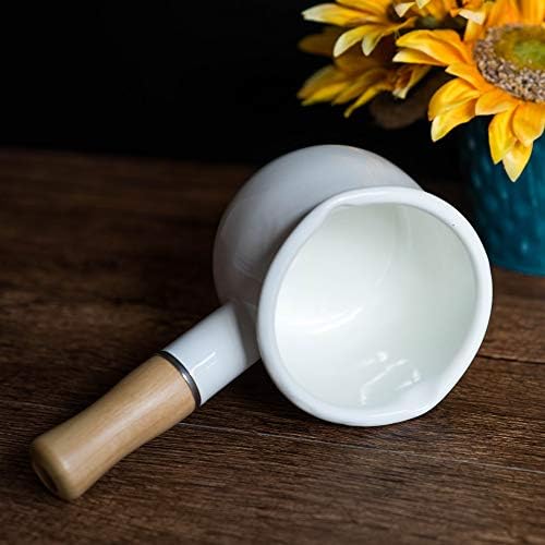 41cgoihid4l. ac .jpg Casserole à lait anti-adhésive en émail Blanc facile à nettoyer avec poignée en bois pour thé et café