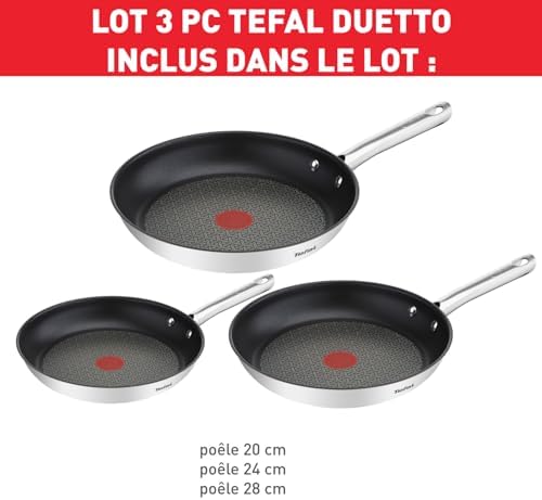 41hlp85mskl. ac .jpg Tefal Duetto Lot de 3 poêles A704S363, induction, acier inoxydable, revêtement antiadhésif, convivialité, cuisson saine