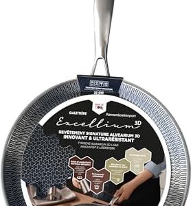 EXCELLIUM 3D POELE A CREPES & GALETTES PROFESSIONNELLE - Résistante & Polyvalente - Manche Ergonomique Anti-Chaleur - 32