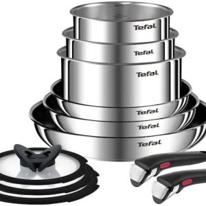 Tefal Ingenio Emotion - Batterie de cuisine acier inoxydable 11 pièces 16/18/20/22/24/28 cm, couvercles en verre, poigné