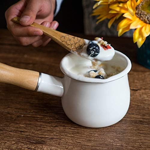 510fnhhqcol. ac .jpg Casserole à lait anti-adhésive en émail Blanc facile à nettoyer avec poignée en bois pour thé et café