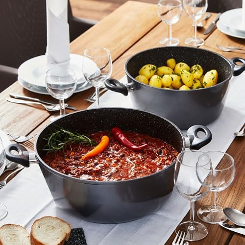 51lk4nptlxl. ac .jpg STONELINE Casserole 28 cm Gris - Revêtement Antiadhésif avec Particules de Pierre - Compatible Four et Induction - Couve