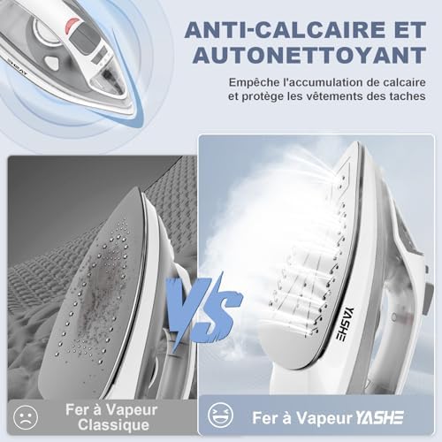 51xqyk3p6fl. ac .jpg Fer à repasser 2300 W avec semelle anti-adhésive pour hommes et femmes, chauffage rapide et fonction pressing inclus, au