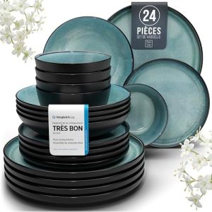Service de vaisselle en grès Pure Living Ibiza, 24 pièces, bleu pétrole foncé, adapté au lave-vaisselle et au micro-onde