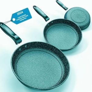 Lot de 3 poêles 26/28/30cm, revêtement anti-adhésif en céramique sans PFAS avec de vraies particules de pierre, résistan