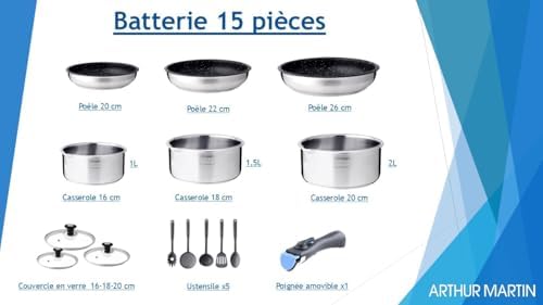 312lk65fxll. ac .jpg ARTHUR MARTIN Batterie de Cuisine Inox 10 Pièces Cuisine USA | Antiadhérents, Compatible Tous Feux, Poignées Amovibles |