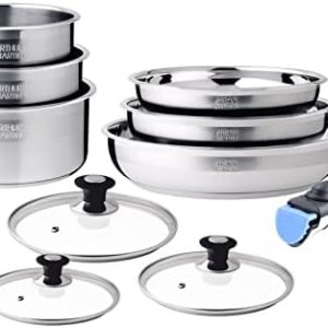 Accueil ARTHUR MARTIN Batterie de Cuisine Inox 10 Pièces Cuisine USA | Antiadhérents, Compatible Tous Feux, Poignées Amovibles |