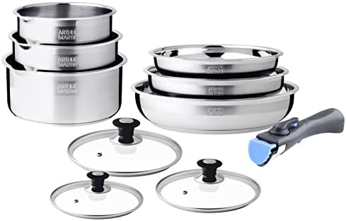 41q4 kruwl. ac .jpg ARTHUR MARTIN Batterie de Cuisine Inox 10 Pièces Cuisine USA | Antiadhérents, Compatible Tous Feux, Poignées Amovibles |