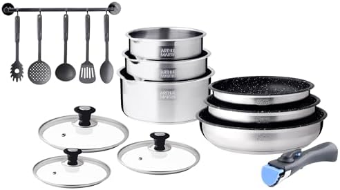 41yite9qpl. ac .jpg ARTHUR MARTIN Batterie de Cuisine Inox 10 Pièces Cuisine USA | Antiadhérents, Compatible Tous Feux, Poignées Amovibles |